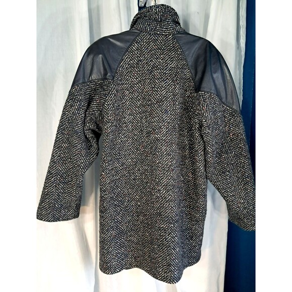 Vintage 80s Ann-Gee Wool Blend Coat XL Black Lined Tweed Leather Trim 11/12 - Picture 3 of 14